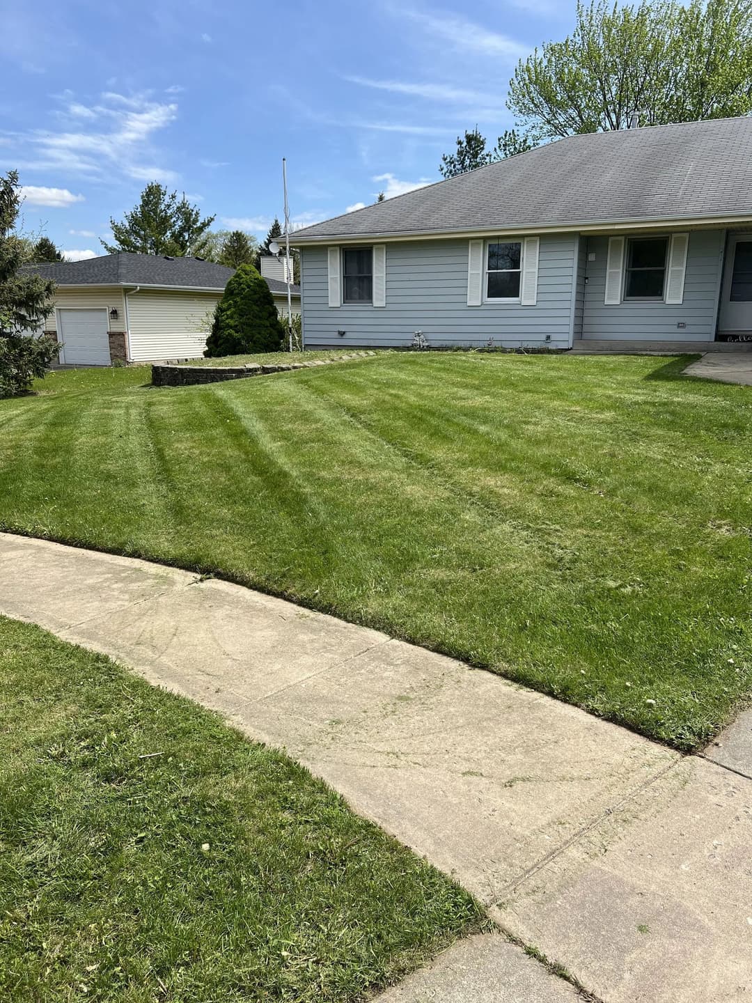Lush green lawn with neatly mowed stripes and a residential home in the background.