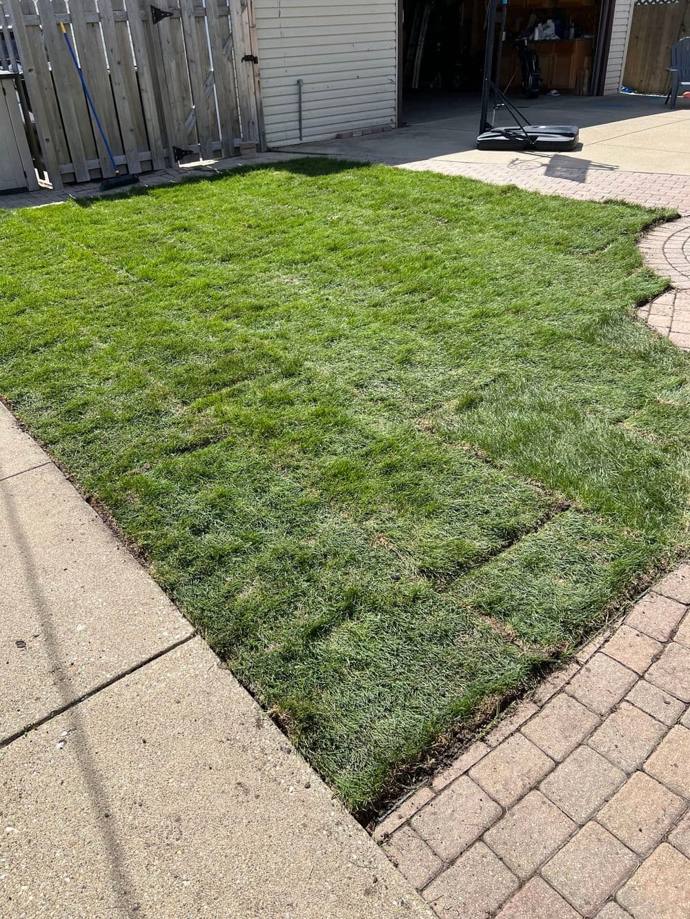 Newly installed sod on a residential lawn next to a stone patio. Lush green grass.