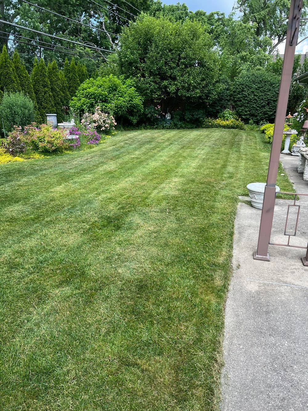 Lush green lawn with neatly trimmed grass and vibrant flower beds in a serene backyard setting.